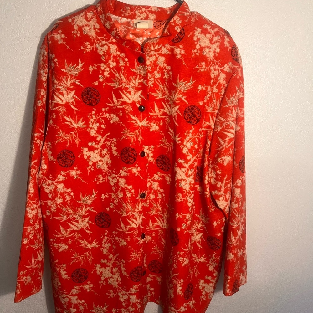 VINTAGE TEDDI Womens 2X Double XL Red Mandarin Collar Button-down Shirt